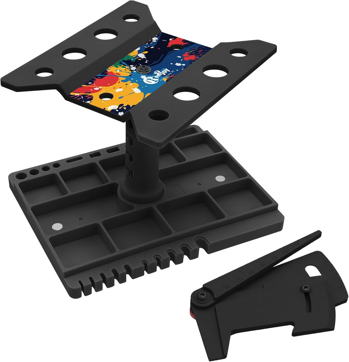 RC work stand with adjustable ride-height and camber measuring gauge