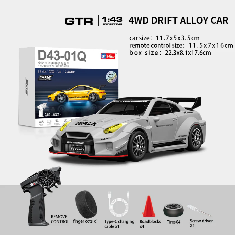 HStar D43-02Q 1/43 4WD Alloy RC Drift Car – GTR Edition with LED Lights & Gyro Stabilization