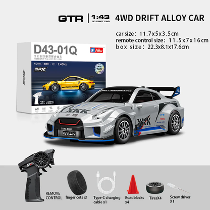 HStar D43-02Q 1/43 4WD Alloy RC Drift Car – GTR Edition with LED Lights & Gyro Stabilization