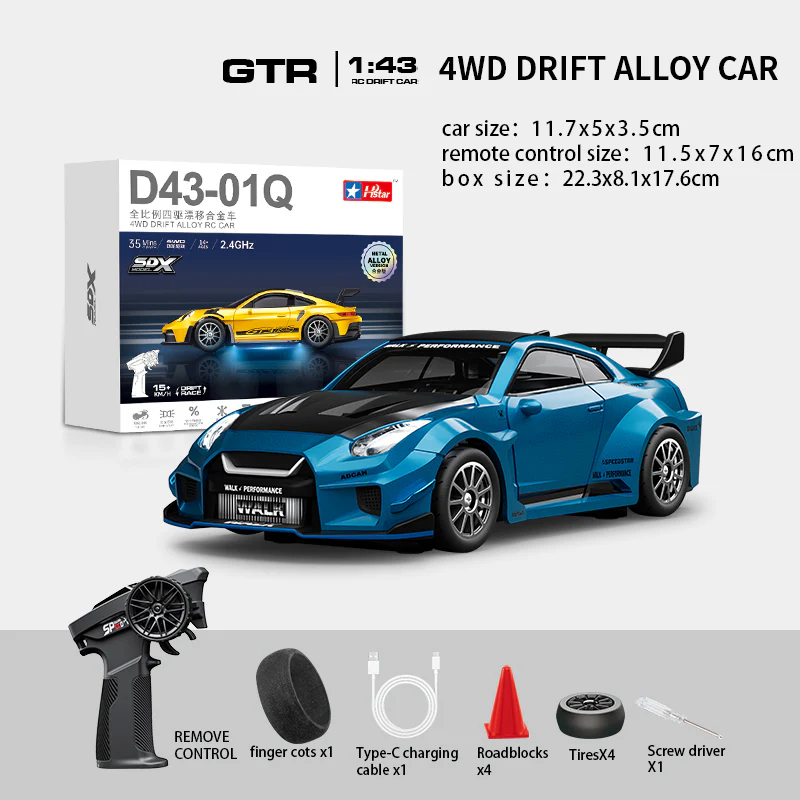 HStar D43-02Q 1/43 4WD Alloy RC Drift Car – GTR Edition with LED Lights & Gyro Stabilization