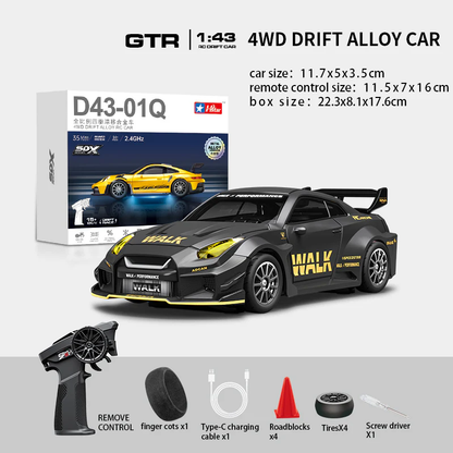 HStar D43-02Q 1/43 4WD Alloy RC Drift Car – GTR Edition with LED Lights & Gyro Stabilization