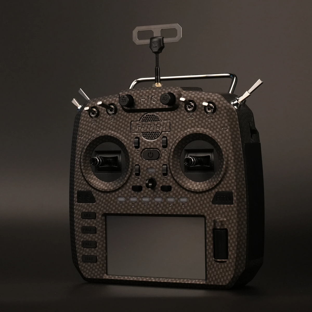 FatFish F16 ELRS transmitter in Carbon Fibre finish