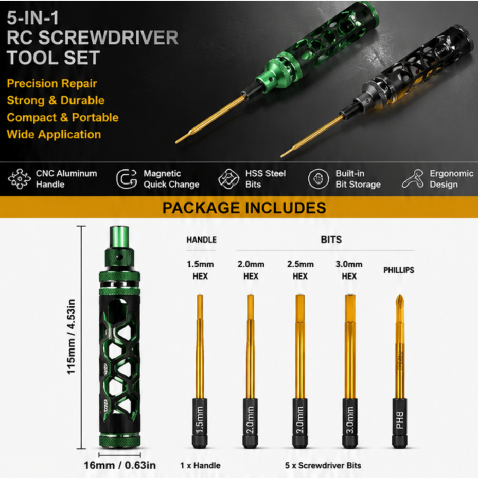 RC screwdriver kit with 1.5 2.0 2.5 and 3.0mm bits