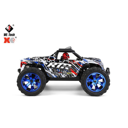 WLTOYS 144018 blue RC monster truck side profile